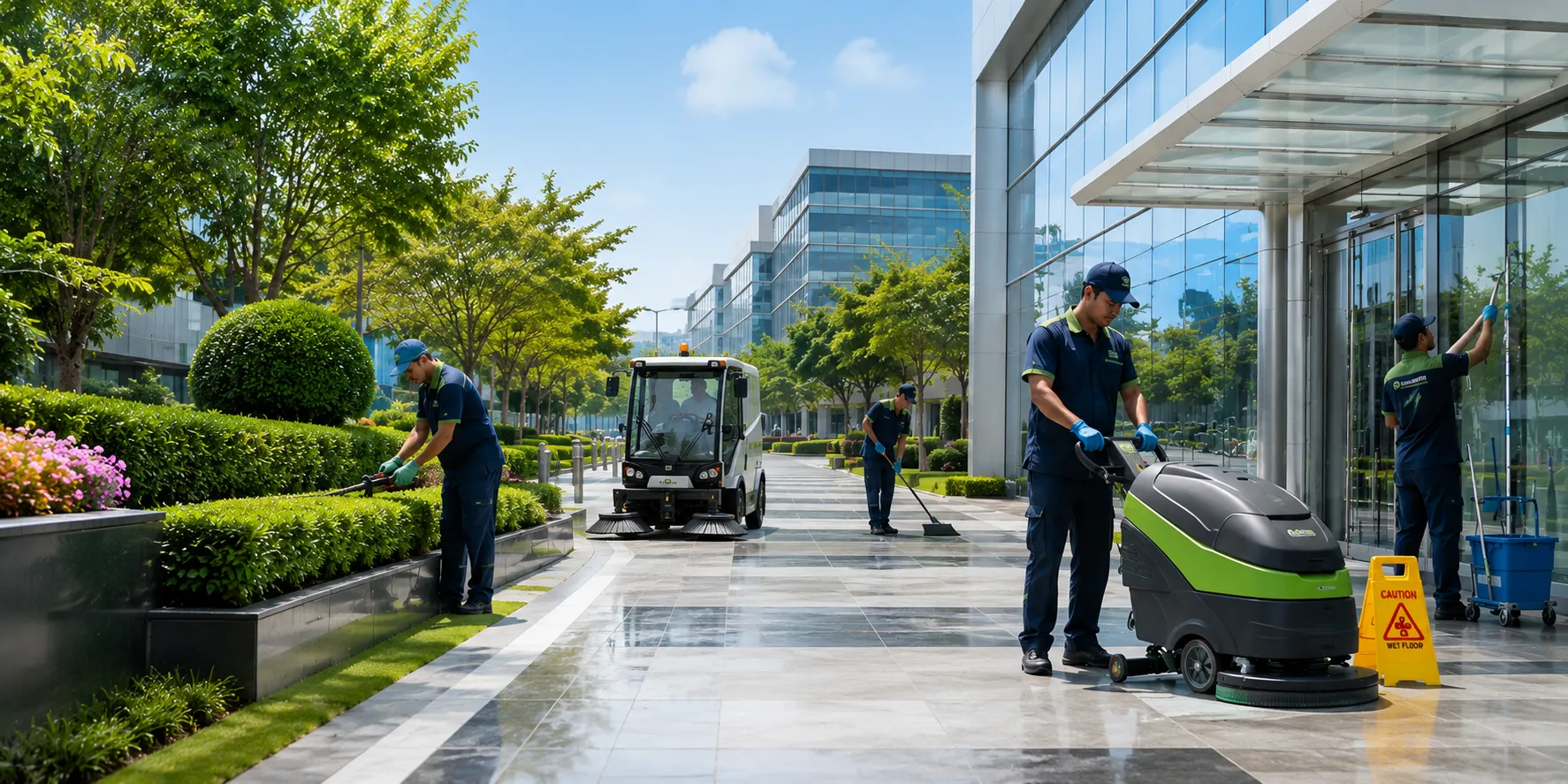 Landscaping and commercial cleaning illustration